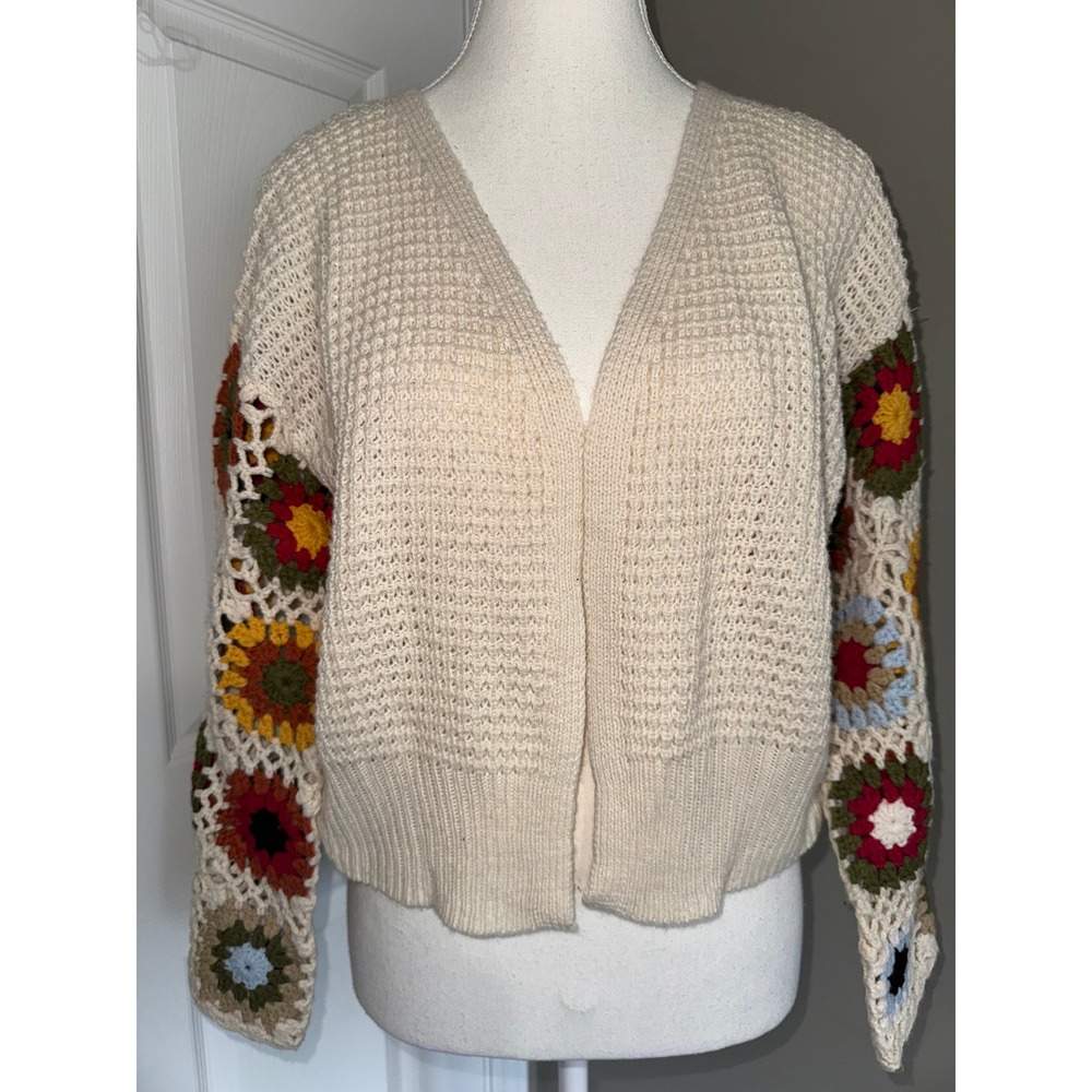 Sincerely Jules Cream Crochet‎ Granny Square Sleeve Boho Cardigan Sweater Small